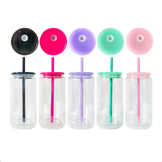 16oz Customizable Acrylic Snow Globe Cup with colored lid and straw